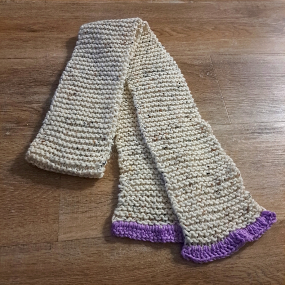 Cream Crocheted Knit Scarf Lilac Purple Trim Multicolored Specks